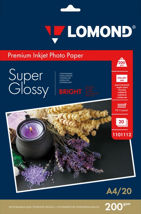 200 г/м2, A4, Super Glossy Bright Premium фотобумага, 20 листов Lomond 1101112