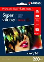 260 г/м, 4"x6", Super Glossy Bright Premium фотобумага, 20 листов Lomond 1103131