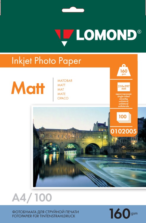 160 г/м, А4, Матовая односторонняя фотобумага, 100 листов Lomond 0102005
