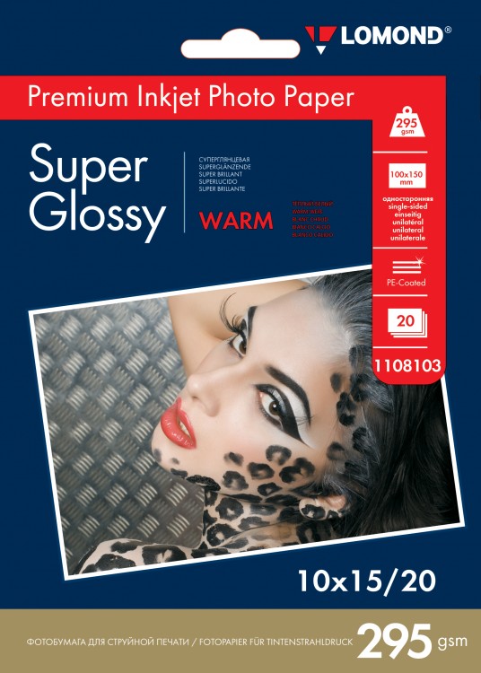 295 г/м, 10x15 Super Glossy Warm Premium фотобумага, 20 л. Lomond 1108103