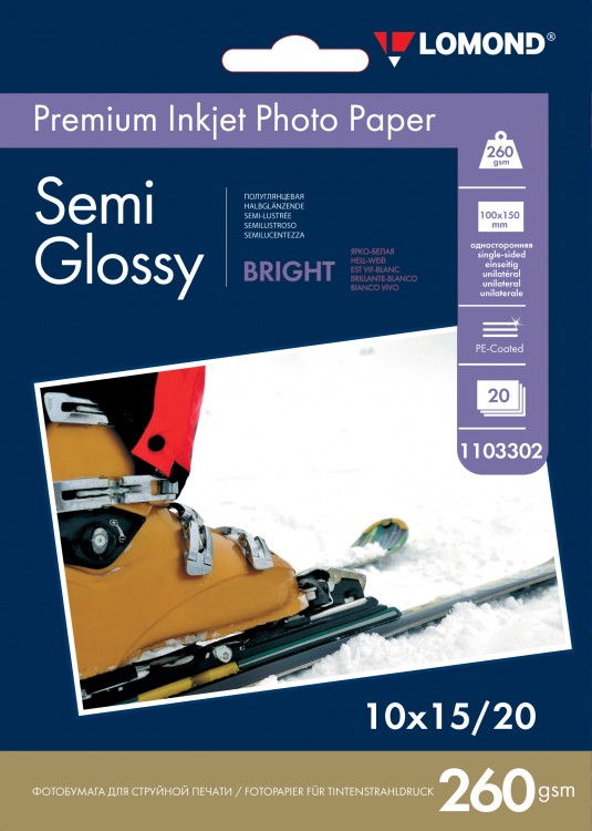 260 г/м, 10х15, Semi Glossy Bright Premium фотобумага, 20 листов Lomond 1103302