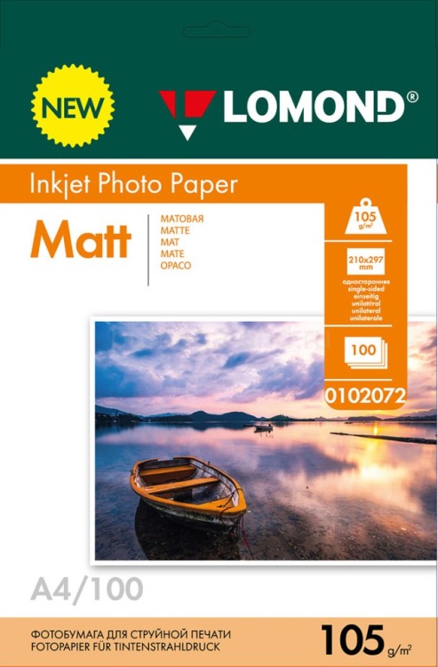 105 г/м, А4, Матовая односторонняя фотобумага, 100 листов Lomond 0102072 105 г/м, А4, Матовая односторонняя фотобумага, 100 листов Lomond 0102072